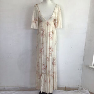 Billabong Women Elegant Cream Pink Floral Tiered Ruffle Maxi Dress S